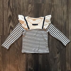 Navy Blue and White Stripped and Lace Blouse